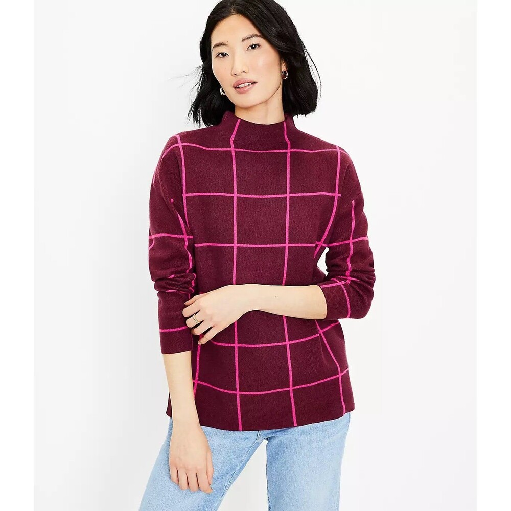 Loft Windowpane Mock Neck Tunic Sweater Windsor wine Size Medium